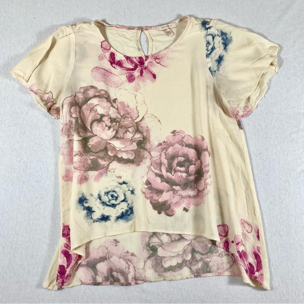 Skies Are Blue Floral Blouse Women’s S Cream Pink Blue High Low Hem Boho